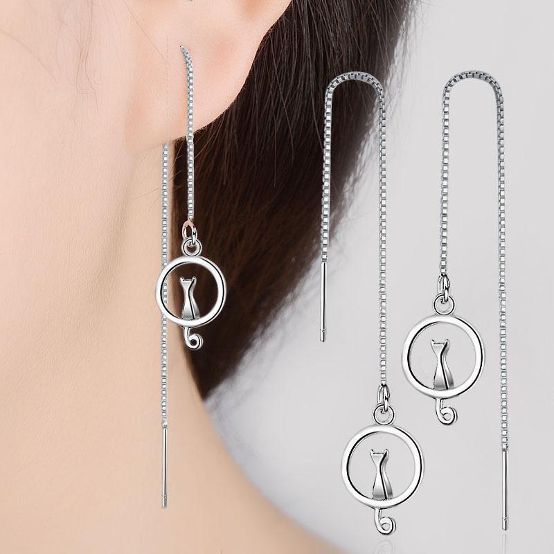Korean 925 Sterling Silver Earring Moon Cat Long Tassel Drop Earrings For Women Oorbellen Brincos Pendientes Fine Jewelry Gift