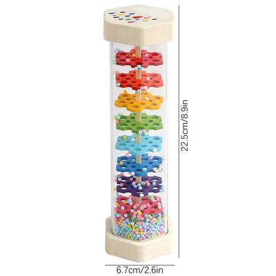 Hölzernes Musikinstrument für Babys, das das Geräusch von Regen imitiert und den Klang eines Regenbogen-Sanduhr-Sandglockenspielzeugs simuliert.
