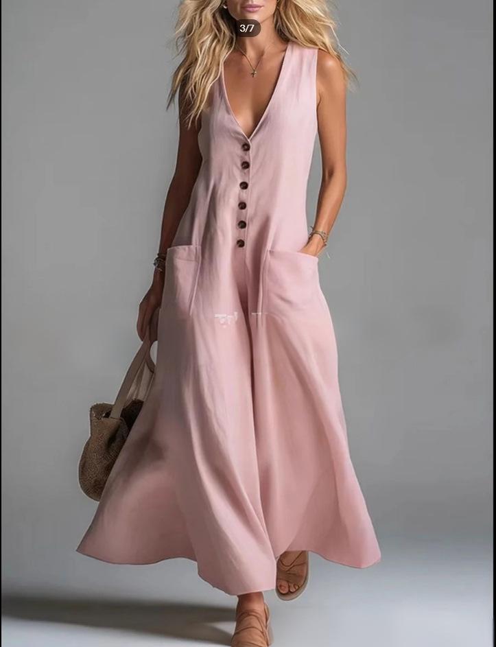 2026 Summer Women's V-Neck Solid Color Casual Dress with Pockets