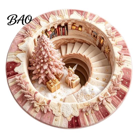 Living Room Xmas Rug 3D Optical Illusion Round Christmas Rug, Cute Santa Claus Crystal Velvet Floor Mat, Non Slip Decor Vivid Printed Circular Carpet