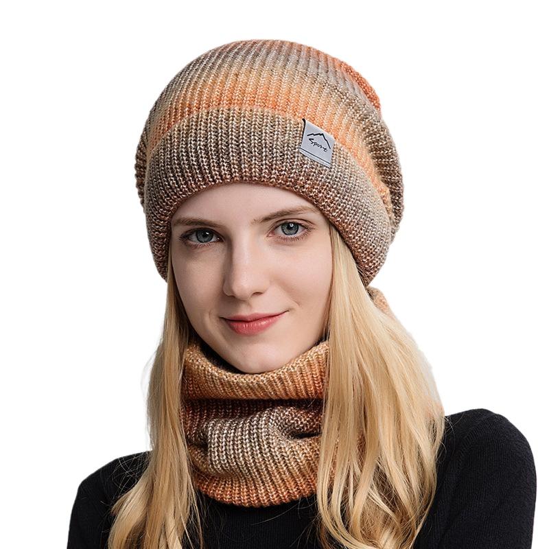Hat autumn and winter Korean version gradual change color wool hat thickened warm ear protection cold knitted hat two-piece set