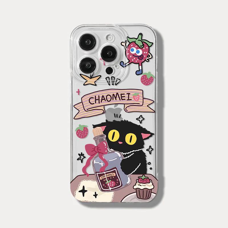 Cute Black Cat Strawberry Drink Clear Phone Case for iPhone 17 16 15 14 13 12 11 16E Series Pro Max Plus Double Layer Protection