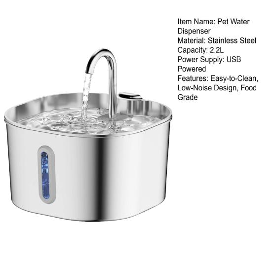 Fontaine à eau pour chien Acier inoxydable 2,2L Fontaine à boire automatique pour animaux de compagnie Silencieuse à faible bruit Purifie l'eau Fontaine pour chiens d'intérieur à domicile