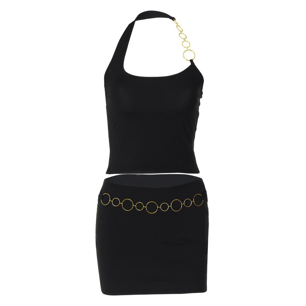 Autumn Women's Fashion Street Style Spice Girls with Chain Hanging Neck Wrapped Chest Ultra Short Sexy Skirt Suit