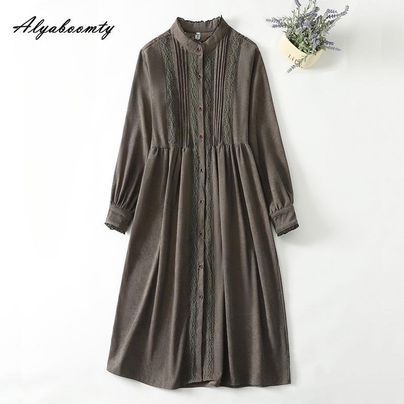 Abito in Velluto a Coste da Donna Autunno Primavera Stile Mori Giapponese Collo Alto Khaki Nero Ampio Oversize Taglie Forti Abito Midi con Patchwork di Pizzo