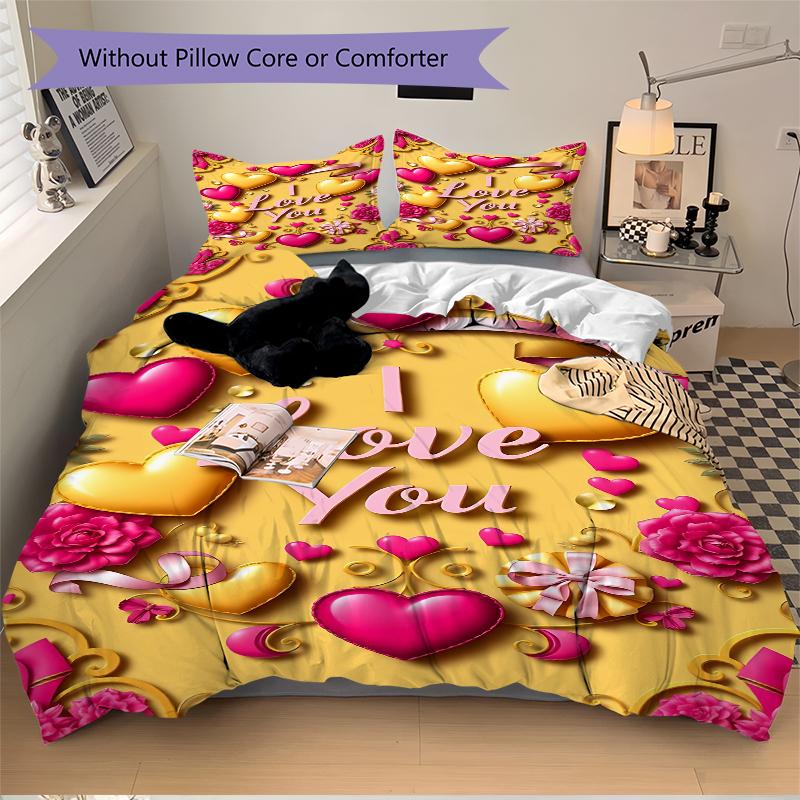 3Pcs Love Hearts Celebration Bedding Set Soft Fabric Duvet Cover Pillowcases Home Christmas Xmas Halloween Gift 1 Duvet Cover 2 Pillowcase G110