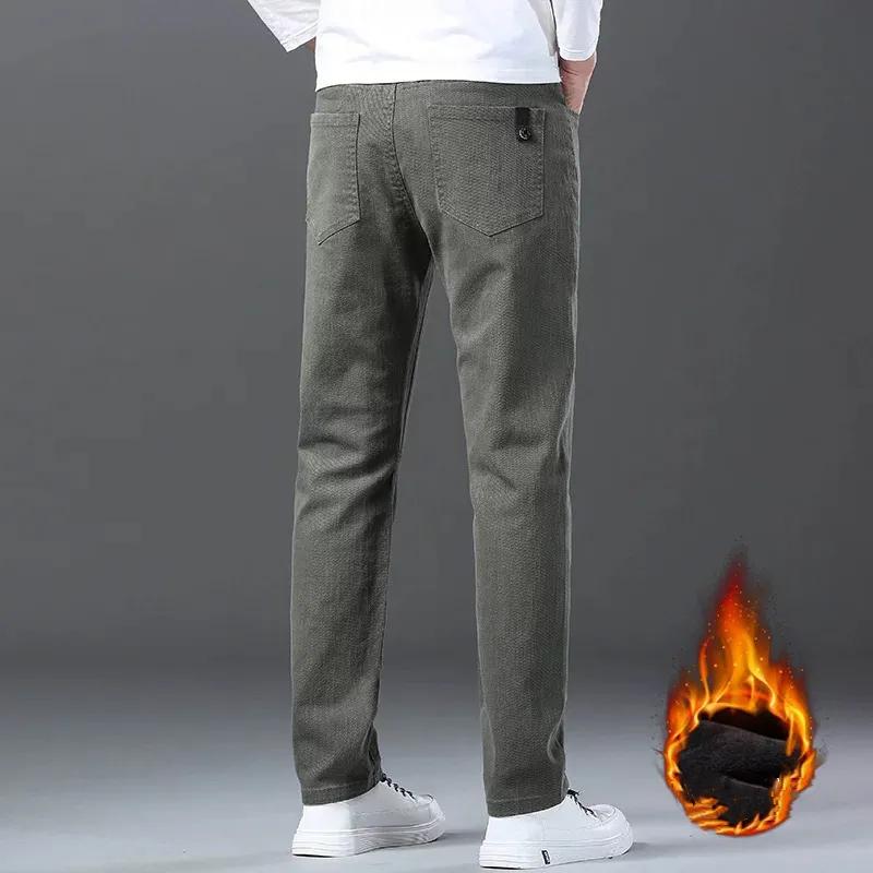 Men's Winter Fleece Straight Slim Casual Pants Thick Warm Business Elastic Trousers