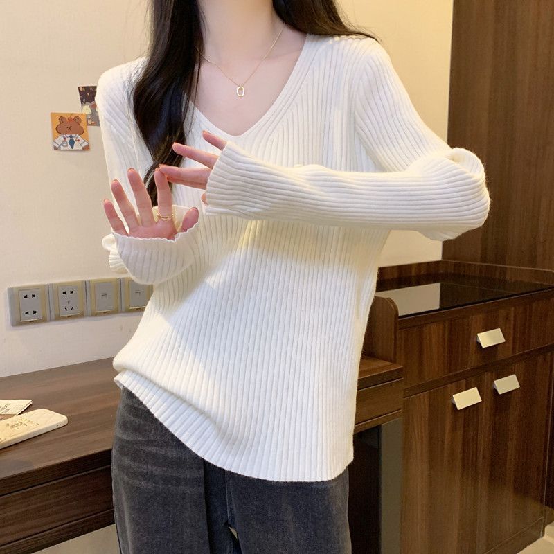 Pulover de damă de toamnă și iarnă din tricot largi, cu decolteu în V de culoare uni, top simplu