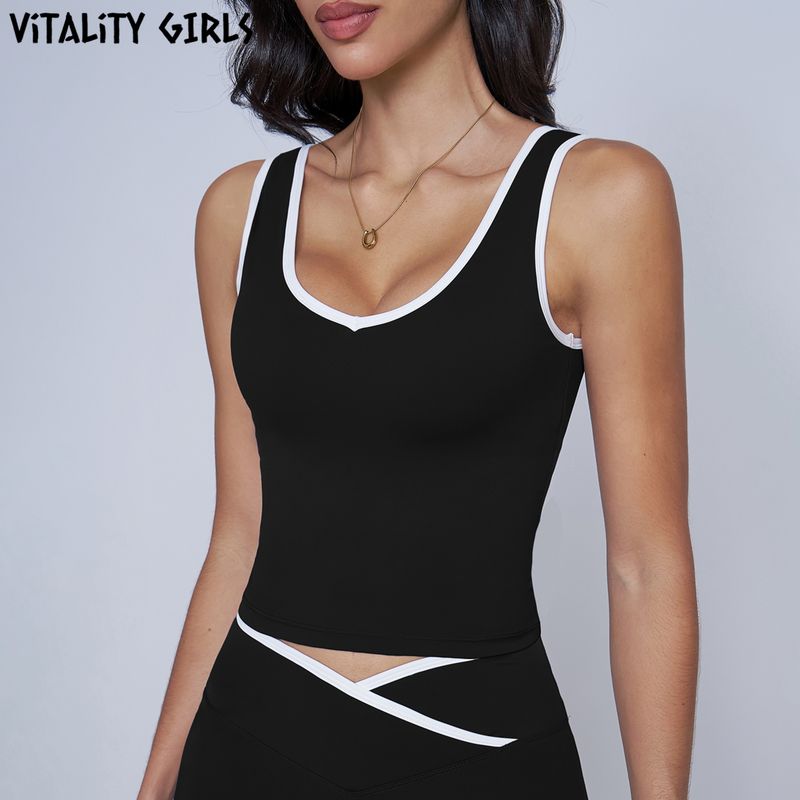 

Vitality Girls Contrast Color Sports Vest Women s Belt Chest Pad Yoga Clothes Quick-Drying Tight Sweat-Absorbent Fitness Outer Wear Black L