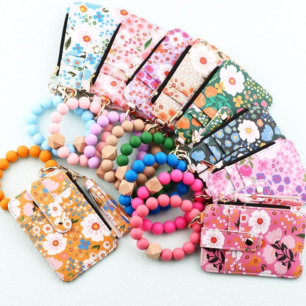 Pu Leather Silicone Bead Bracelet Keychain Boho Style Leather Card Bag Keychain  Fashion Wear