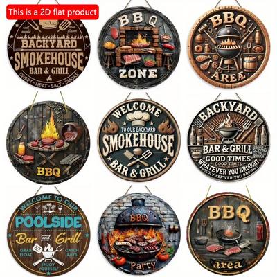 1pc 2d Flat Vintage Style Welcome Grill Sign - 20cm, Round Wooden Sign, Suitable for Home, Garden, Bar, Cafe, Restaurant, Porch Decoration, Gift