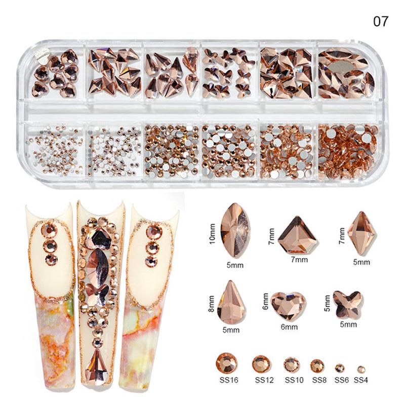 12Gird Box Multi Size AB/Colorful Hotfix Rhinestones Flatback Crystal Diamond Gems 3D Glitter Nail Art Luxurious Decorations