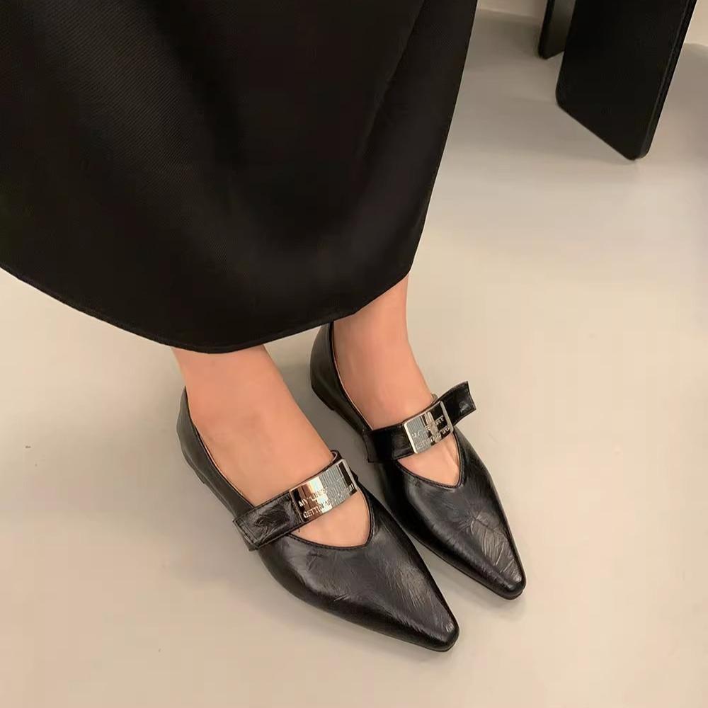 Single Shoes Women's Shoes New Autumn and Winter Word with Pointed Silver Mary Jane Shoes
