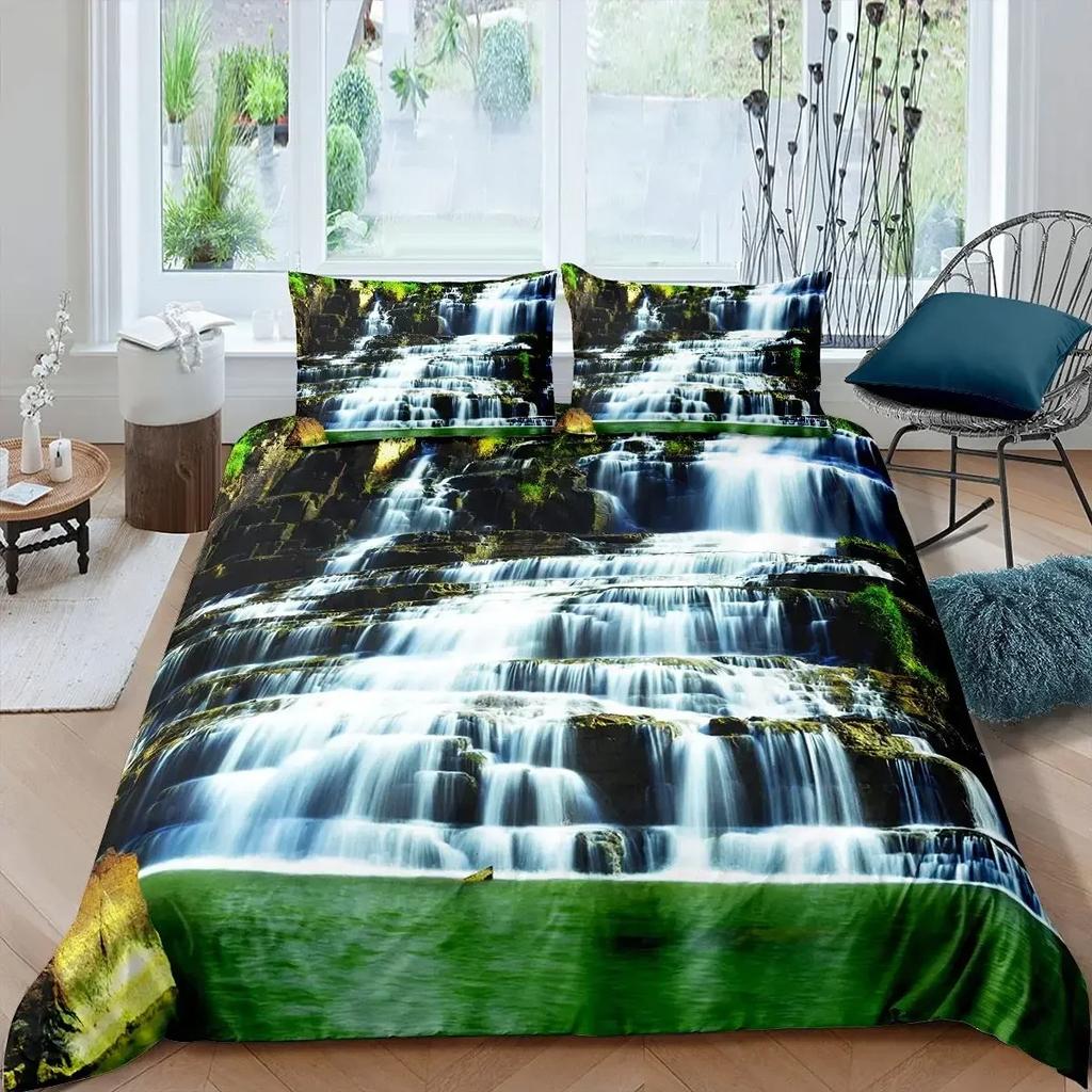Vattenfall Påslakanset Naturlandskap Täcke Örngott Landskap Skog Vattenfall Queen Size Polyester Sängklädesset