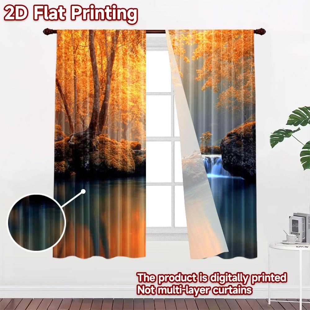 2D Flat Printing 2pcs Window Treatment Curtains Autumn Waterfall Nature Scenic Digital Printed Polyester Drapes Seasonal Party &