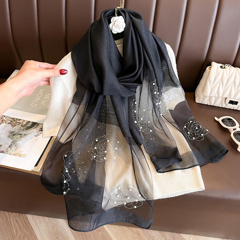 Elegant Organza Silk Scarf With Beads Solid Color 190*70Cm Long Scarves Embroidery Flowers Pearl Solid Shawls For Women Hijab