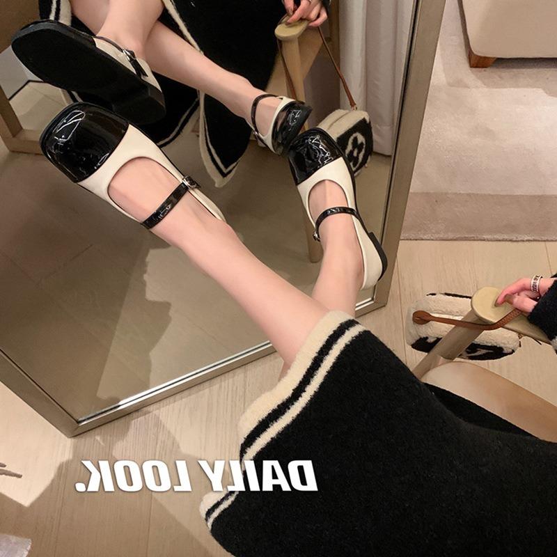 High-end cowhide version~ one-word buckle belt color matching Mary Jane shoes, black and white square head retro thick heel single shoes