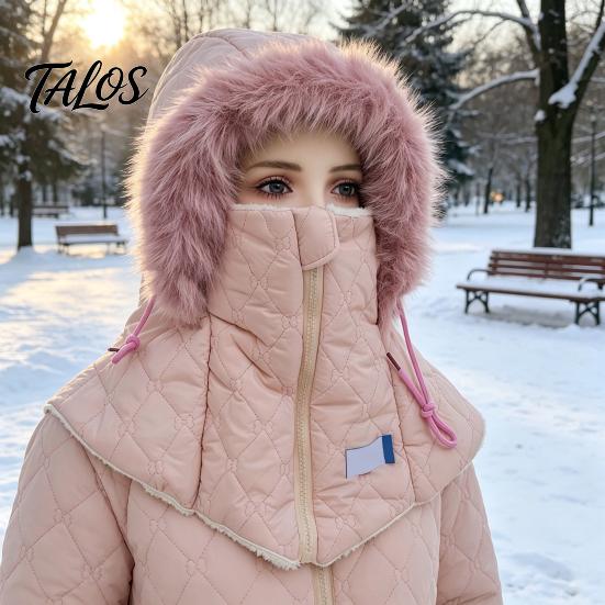 Cold Weather Gear for Women Winter Balaclava Hat, Quilted Face Mask Hood Zipper Closure, Fuzzy Trim, Thermal Neck Warmer Fleece Lined, Warm Windproof