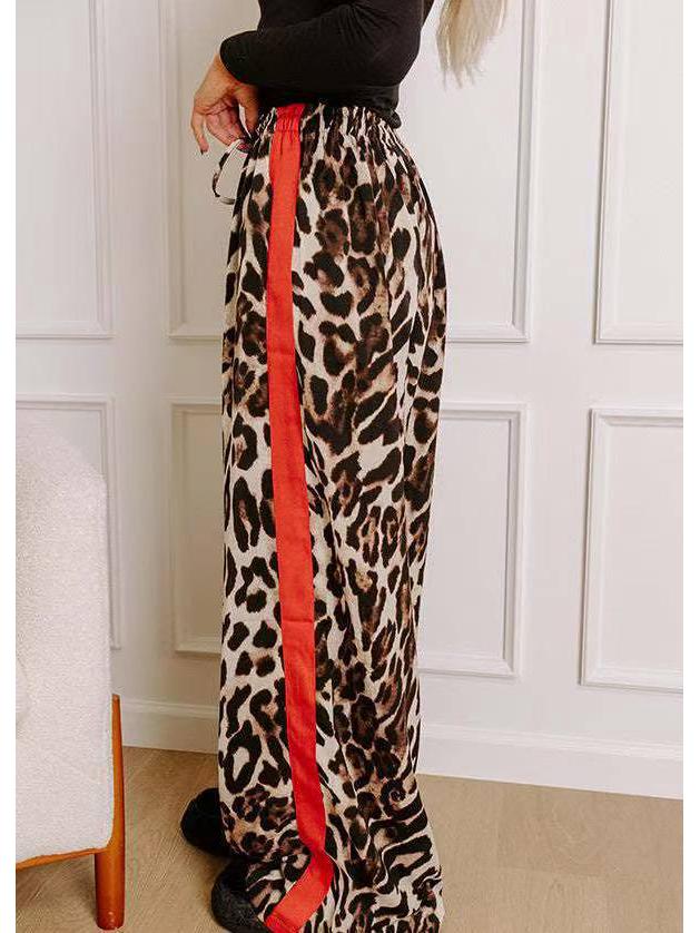 Leopard Print Patchwork Wide-Leg Women's Trousers