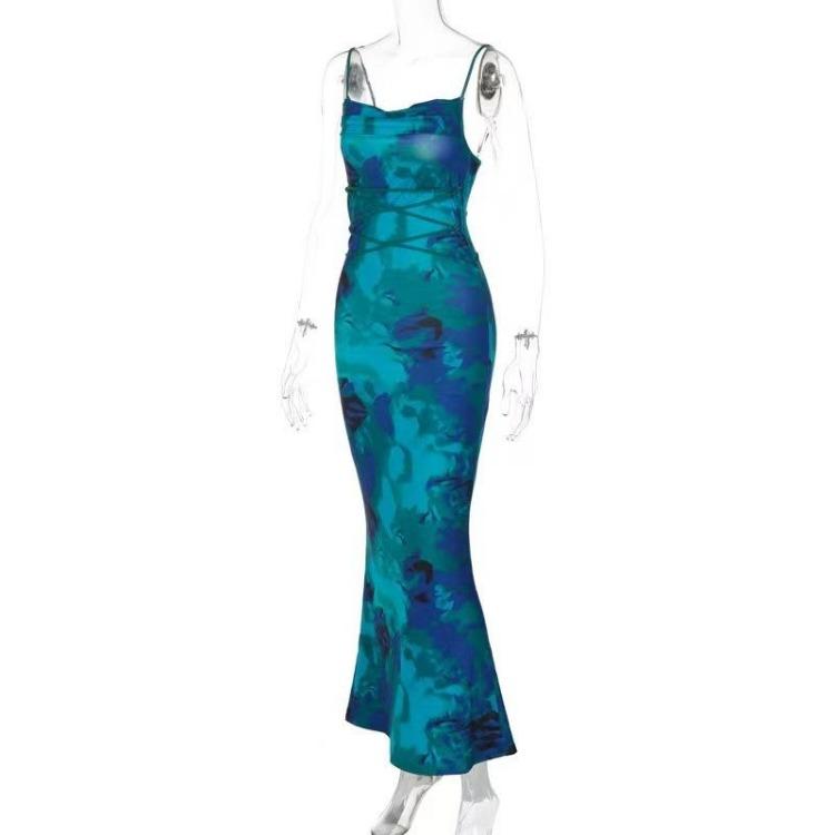 Sleeveless Strapless Print Camisole Slim High Waist Pencil Dress Ankle Length Backless Slit Spring Dresses Women Casual