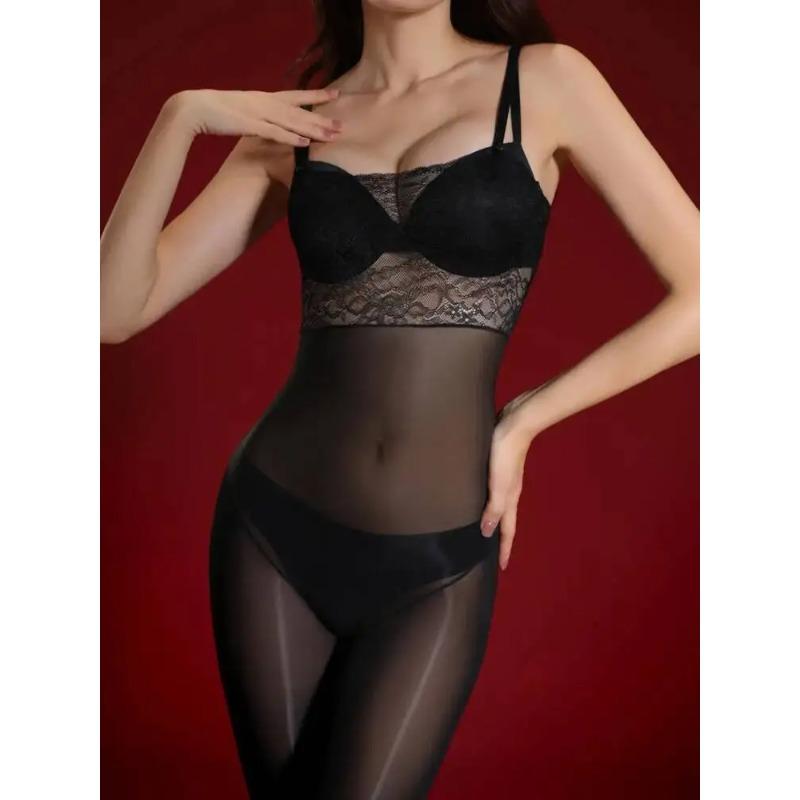 Lace Strapless Camisole Stockings Glossy Transparent Sexy Black Erotic Open Crotch Bodysuit Horse Oil Women Jumpsuits BW1Y
