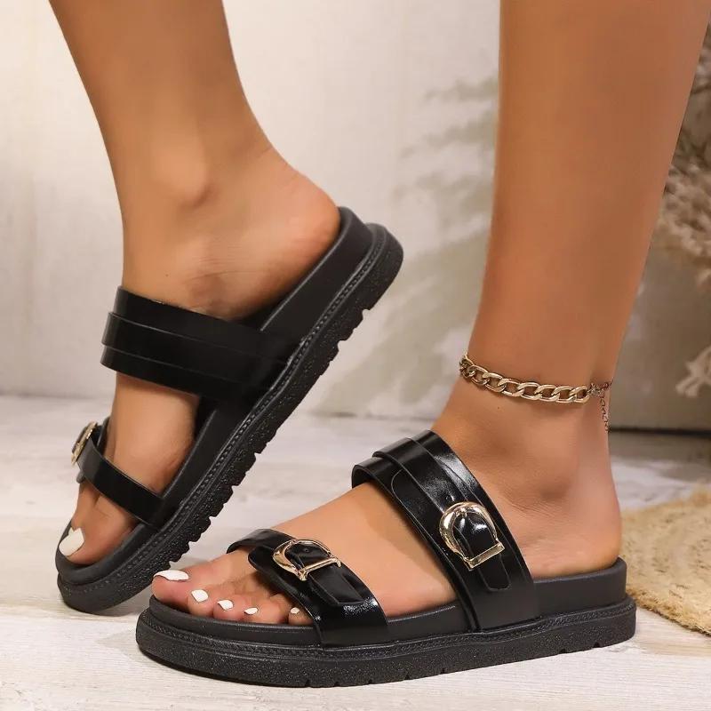 Mode Damen Schuhe 2025 Marke Gürtelschnalle Damen Pantoletten Mode Outdoor Bestseller Sommer Zehenfrei Übergröße Flache Pantoletten Zapatos