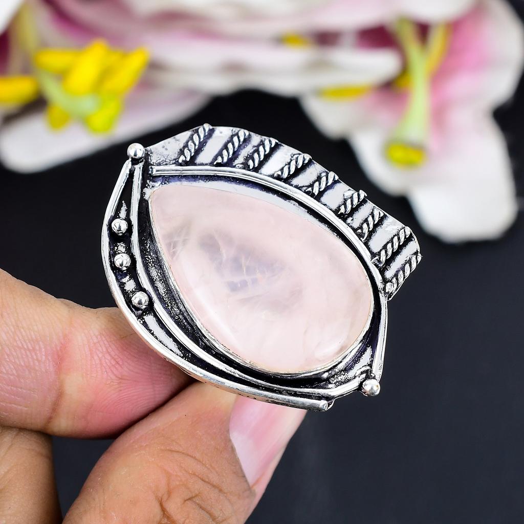 Rose Quartz Gemstone Handmade 925 Sterling Silver Jewelry Ring Size 8 KG-1680