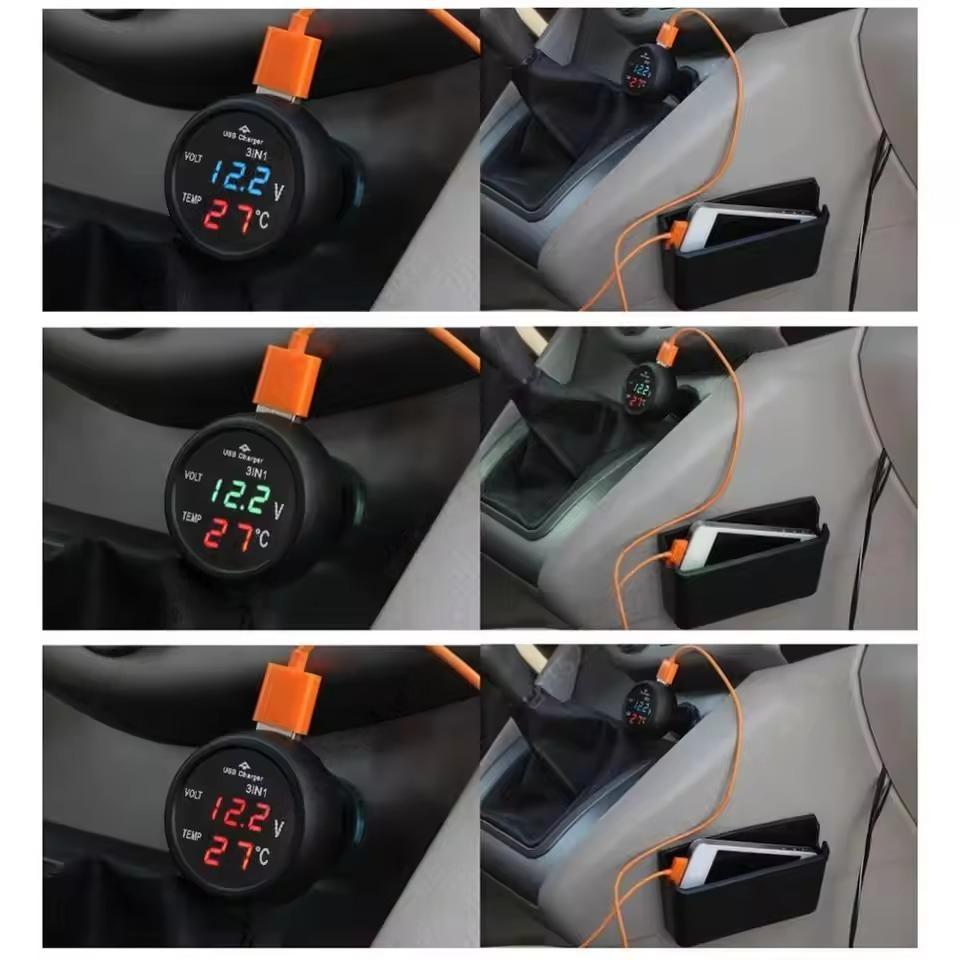 3 In 1 DC 12V/24V LED Digital Meter Display USB Car Charger Voltmeter Thermometer Car Battery Monitor LED Digital Dual Display
