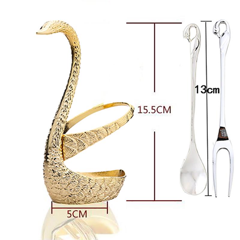 Stainless Steel Swan Base Holder with 3 Dessert Forks Coffee Spoons Set Tableware Home Decor Swan Base Holder Fruit Forks Set