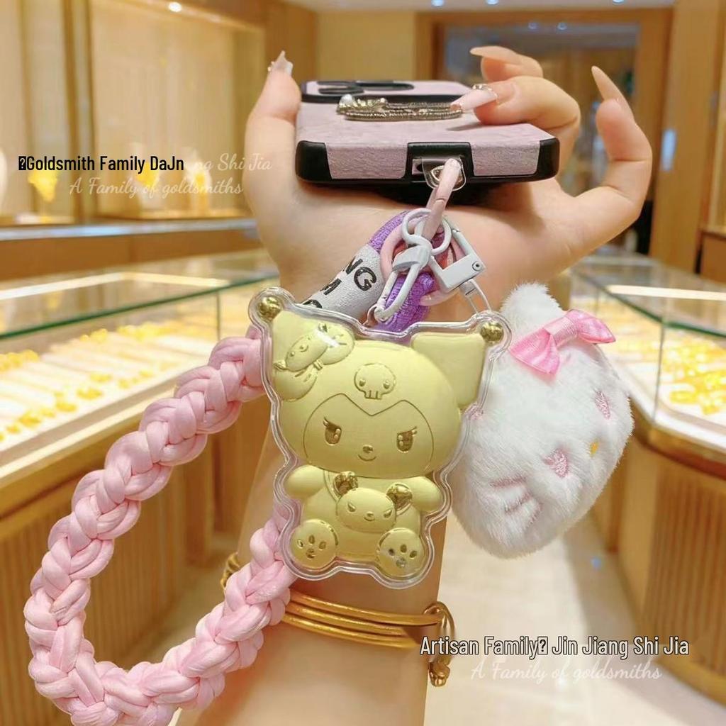 Hästens år 999 Rent Guld Välståndsnyckelring – Gyllene Ponny med Rosa Blomsterberlock för Mobil- eller Väskdekoration