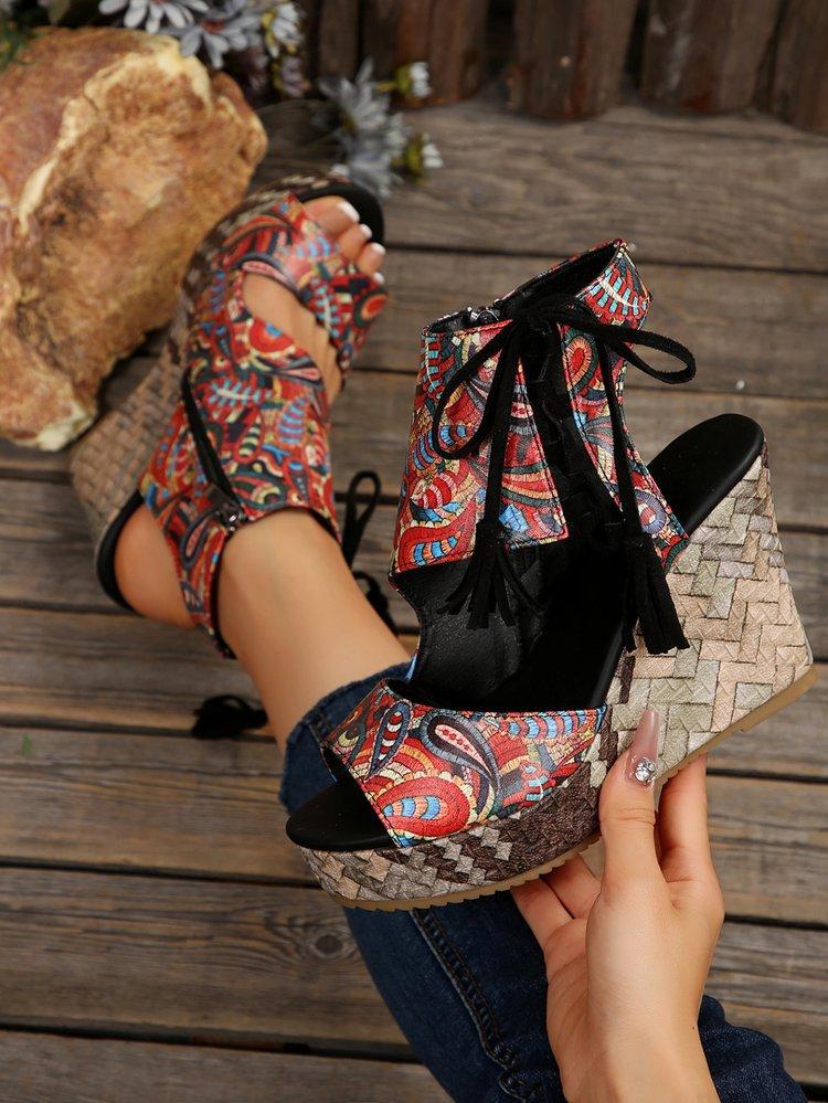 

Большого размера европейские и американские сандалии на танкетке, универсальные летние новинки с кисточками, на высоком каблуке, с открытым носком, на толстой подошве, на платформе, с леопардовым принтом, женские 43 красный