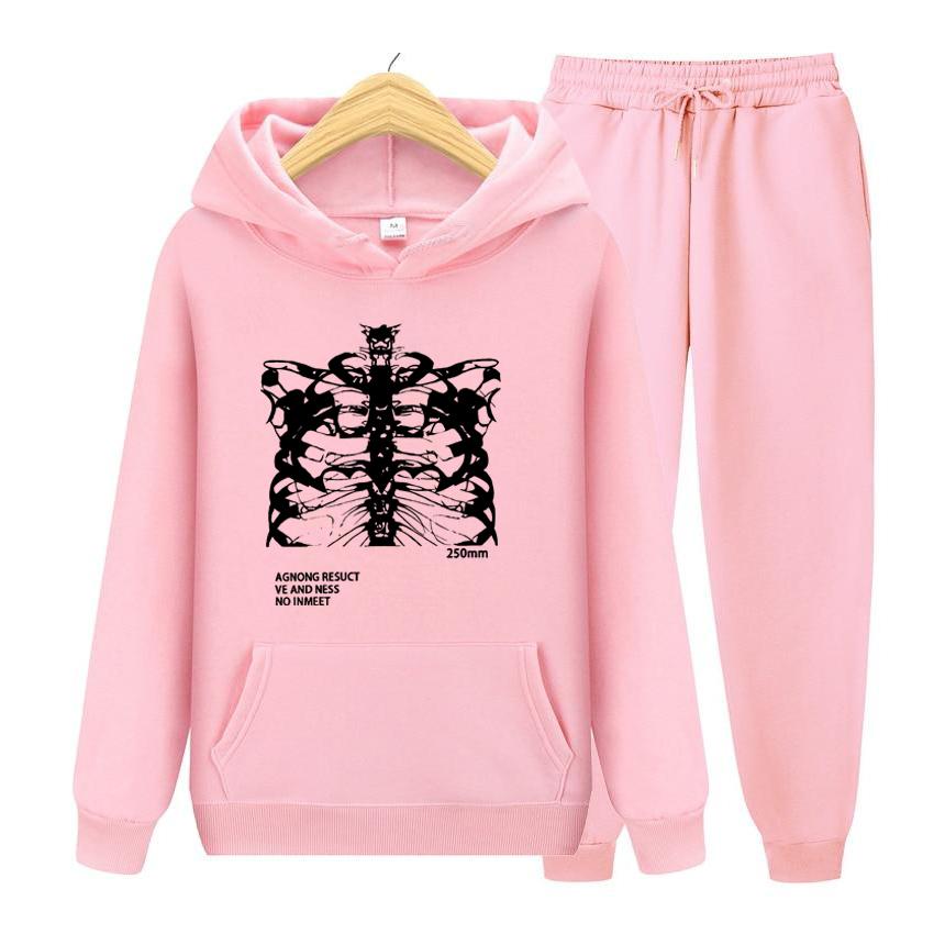 Women Long Sleeve Hoodie Set Pocket Long Sleeve Streetwear Blsack Skeleton Print Grunge Gothic Oversized Hoodie