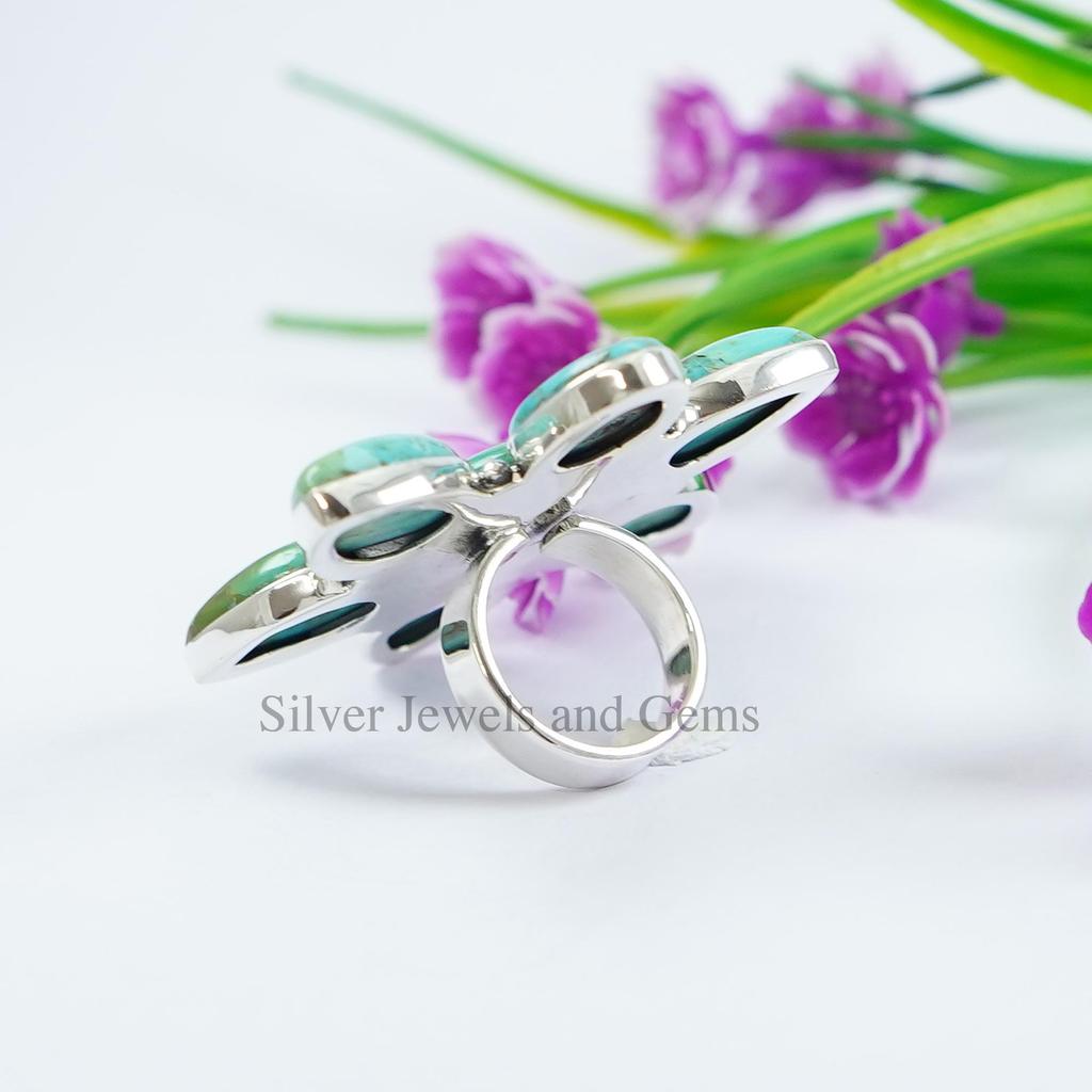 Natural Turquoise Cluster Ring, Wedding Ring, Designer Ring, 925 Sterling Silver Ring, Kingman Turquoise Ring, Boho Statement Ring
