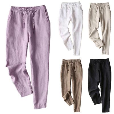Womens Cotton Linen Drawstring Harem Pants Ladies Summer Casual Holiday Trousers Cropped Pants