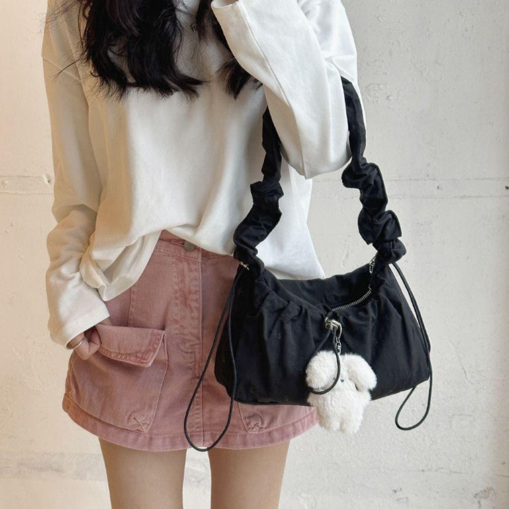Drawstring Cloud Crossbody Bag Y2K Nylon Underarm Bag Vintage Pleated Shoulder Bag  Girls