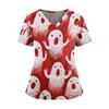 Damen Halloween Print V-Ausschnitt Kurzarm Kasack mit Doppeltaschen und Seitenschlitz
