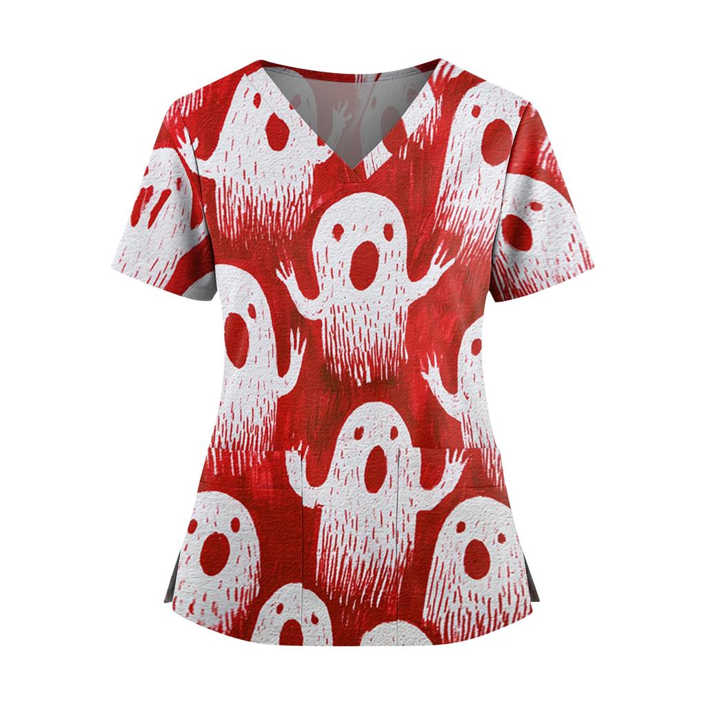 Damen Halloween Print V-Ausschnitt Kurzarm Kasack mit Doppeltaschen und Seitenschlitz