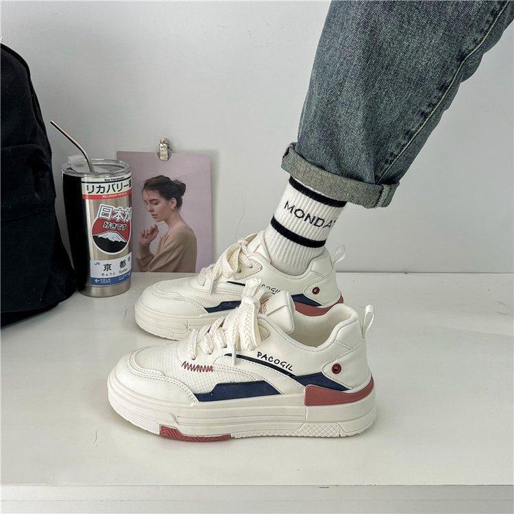 Little White Shoes Women's 2025 Spring New Platform Shoes Women's Leather Lace-up Casual Sports Round Head Board Shoes Women's