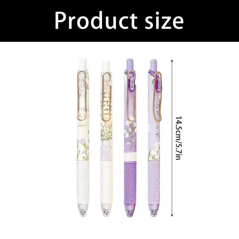 4PCS Flower Print Gel Inks Pen Retractable Gel Pen with Metal Clip Ergonomic Grip 0.5MM Tip Black Inks for Office School