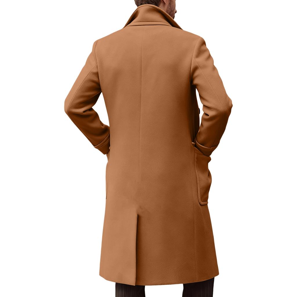 Men's British Solid Color Long Coat Fashionable Warm Woolen Overcoat