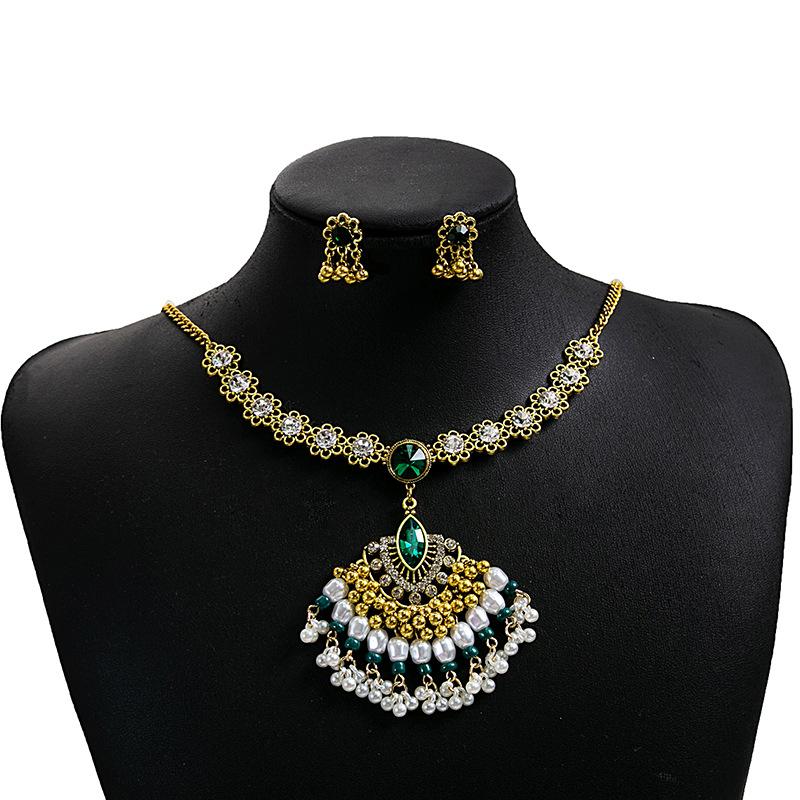 European, American Bohemian Diamond Pearl Earrings, Ethnic Style Turquoise Fringed Necklace Flower Jewelry Set Women