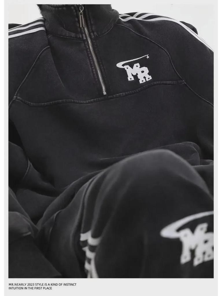 Men's Autumn American Retro Sports Suit: High-Street Stand-Up Collar Sweater and Trousers Two-Piece Set