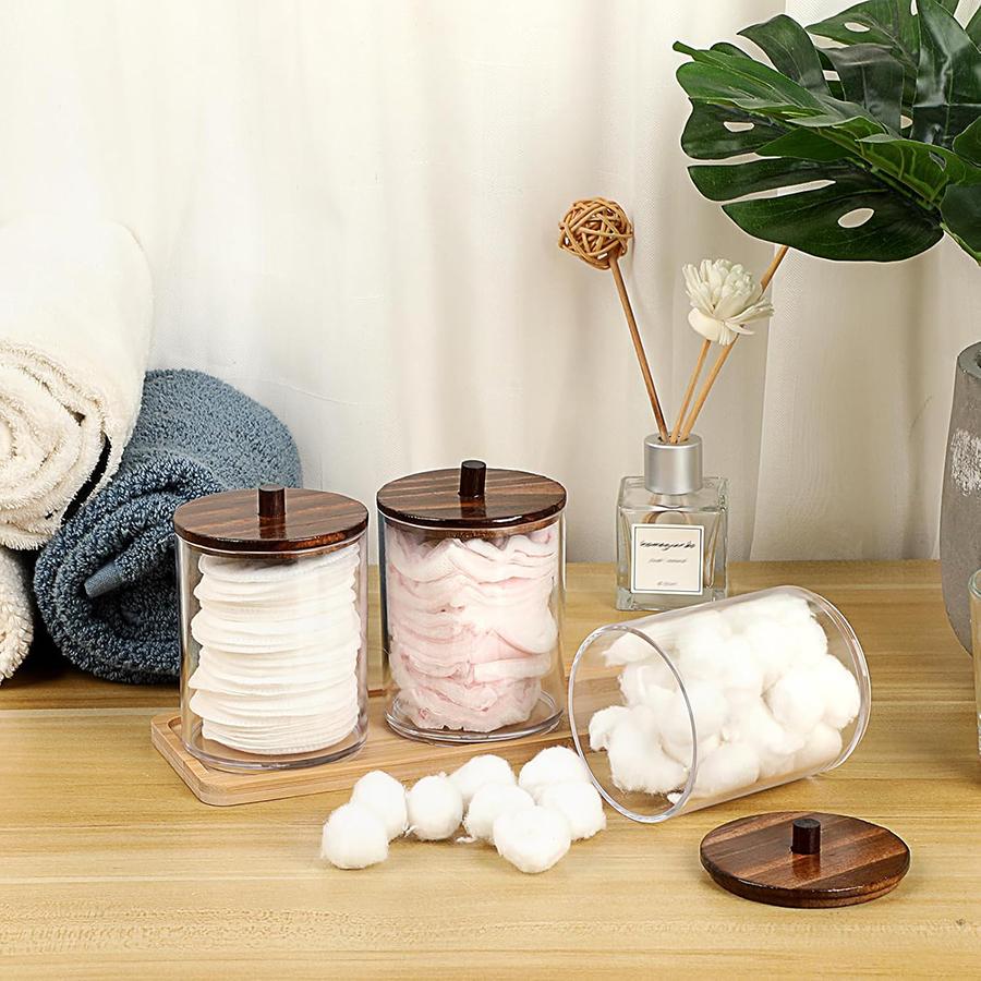 3 Pcs Bathroom Jar Qtip Holder with Vanity Tray Clear Cotton Ball Holder Cotton Swab Dispenser Bathroom Storage Canister