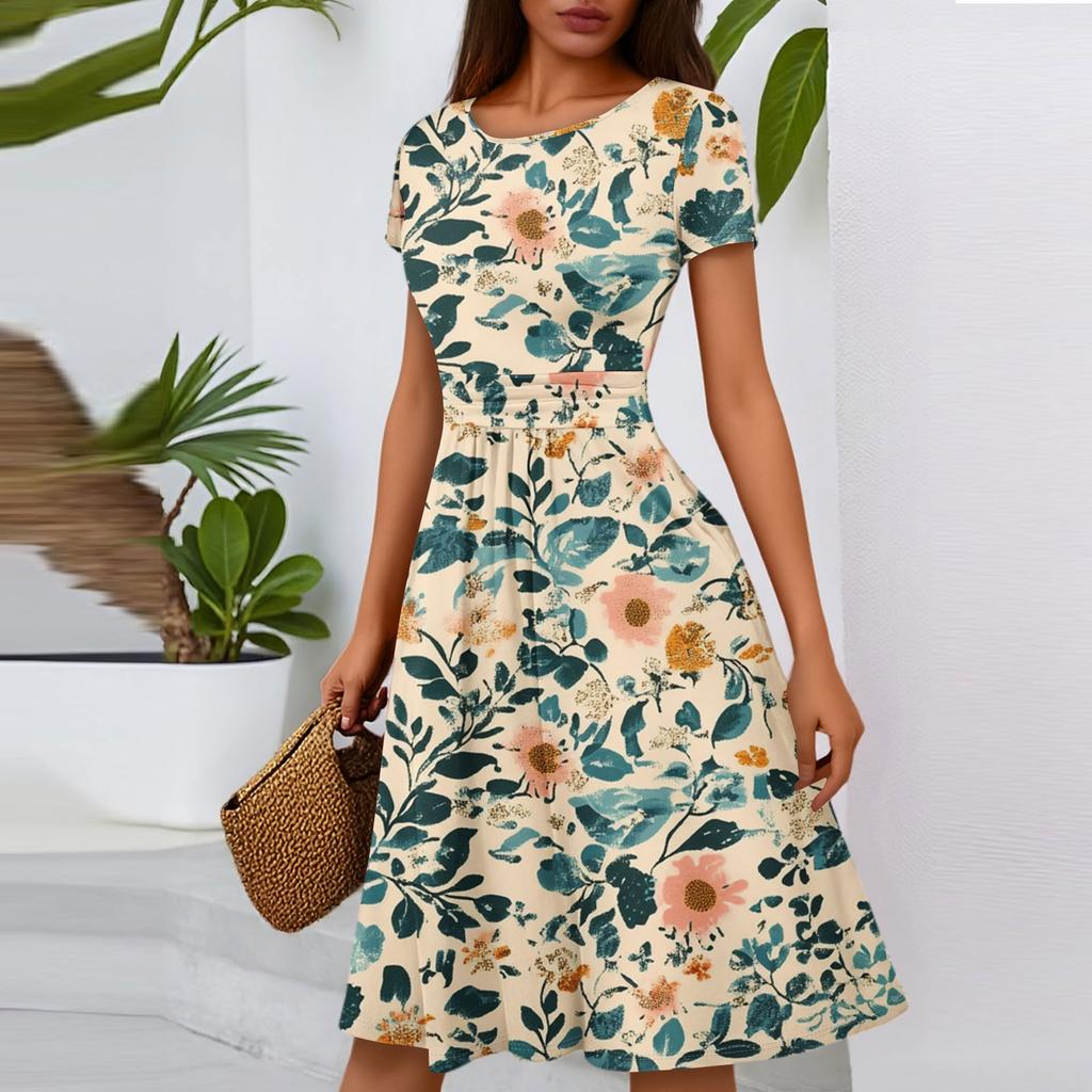 Women's Casual Fashion Round Neck Pleated Short Sleeve Floral Print A-Line Midi Dress