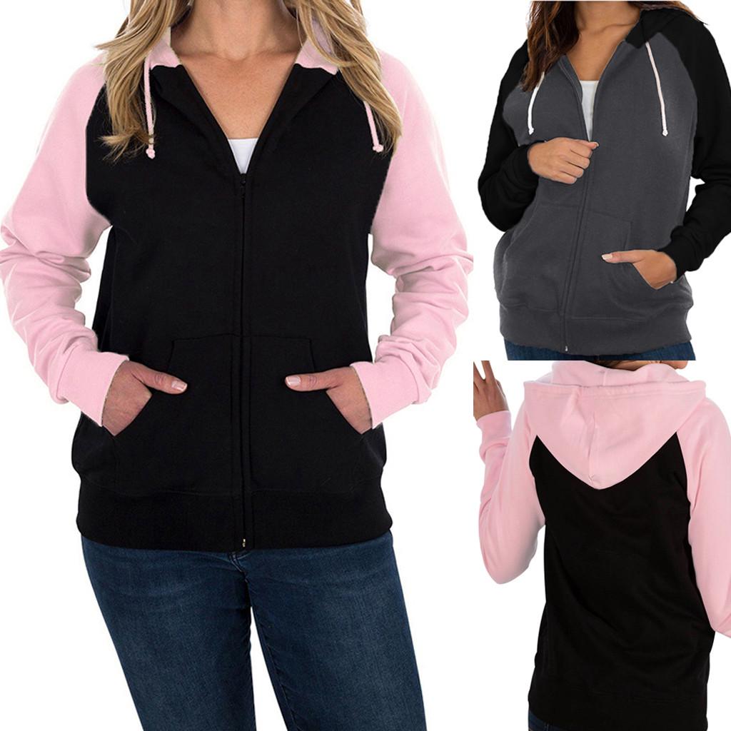 

Модные женские топы на молнии с длинными рукавами и карманами с капюшоном Куртка Верхняя одежда Пальто