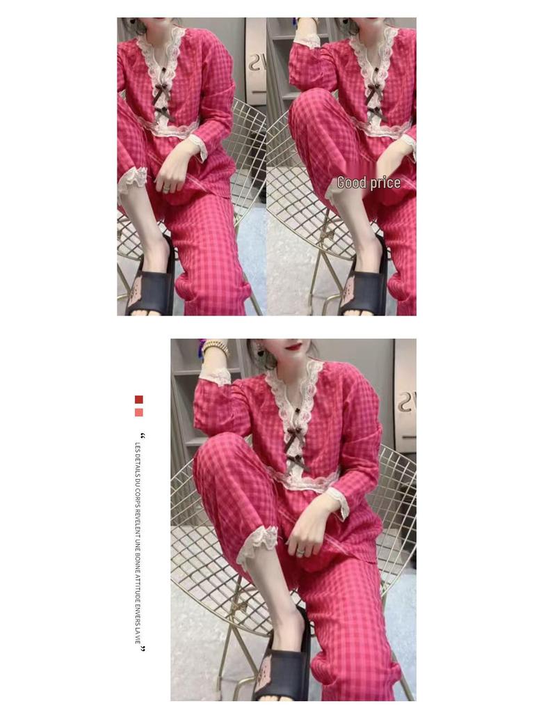 Baumwollpyjama mit Spitzenbesatz für Damen - Frühling, Herbst, Winter Kollektion