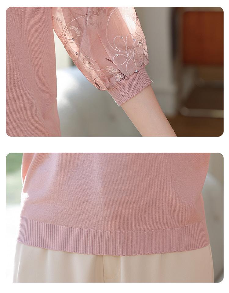 Mom's Spring V-neck Knit Top with Gauze Sleeves, Stylish Thin Layer for Middle-aged and Elderly Women.