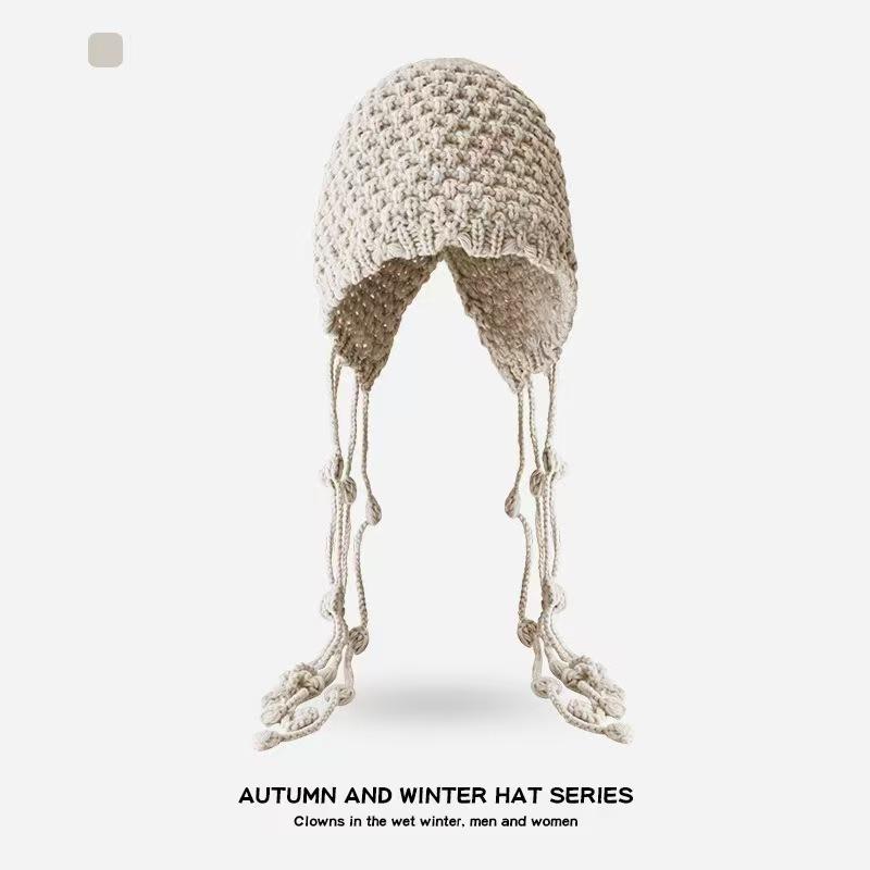 Fashion hand-woven fringed ball wool hat women's warm ear protection straps knitted hat big head circumference pullover hat