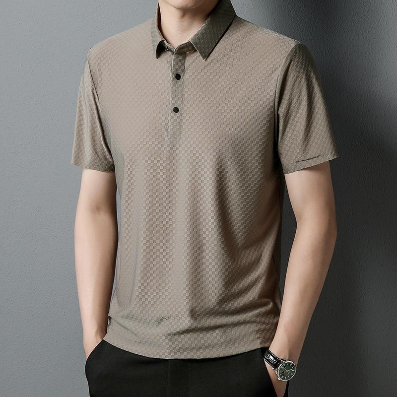 Trendy Seamless Short-sleeved Men's Solid Color Fashion Casual Lapel Middle-aged Men Korean Style Short-sleeved