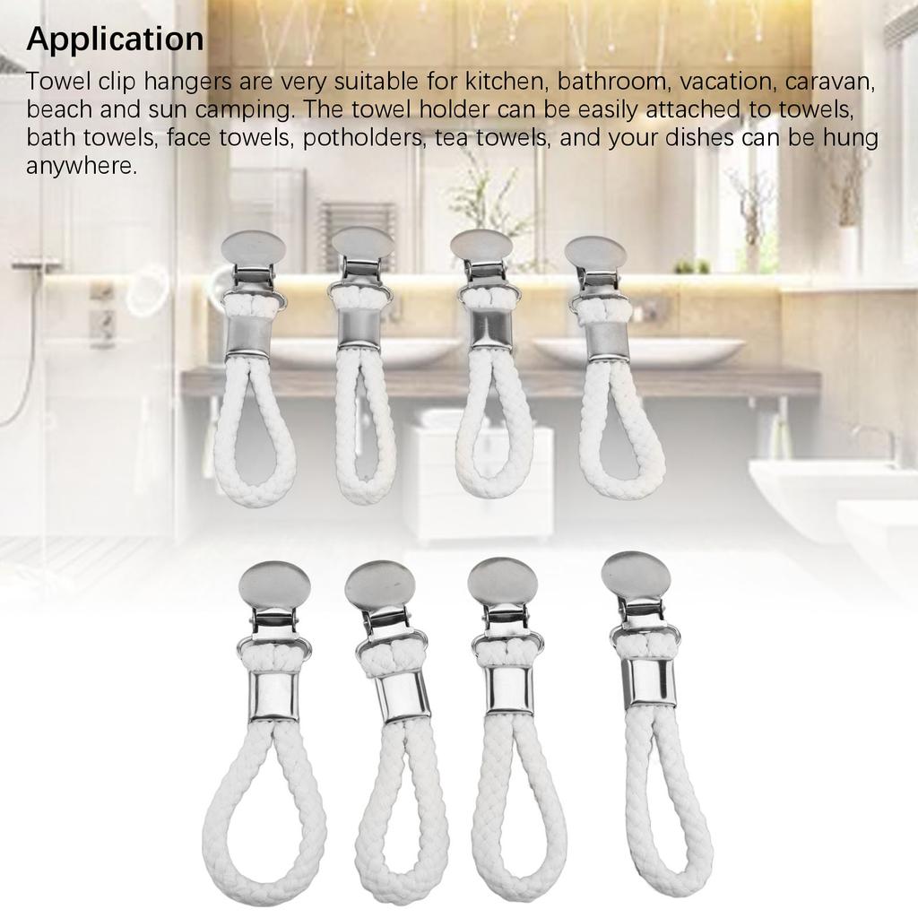 8pcs Hanging Tea Towels Clips with Loop Cotton for Home Kitchen Bathroom Cupboards Cloth Hanger Holder Brackets Rustproof White